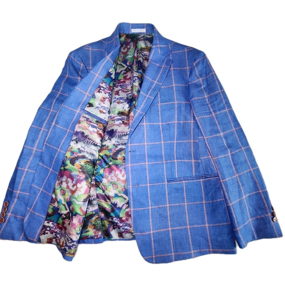 TALLIA Sportscoat Blazer Mens 42S Blue Pink Windowpane Linen Lightweight Summer